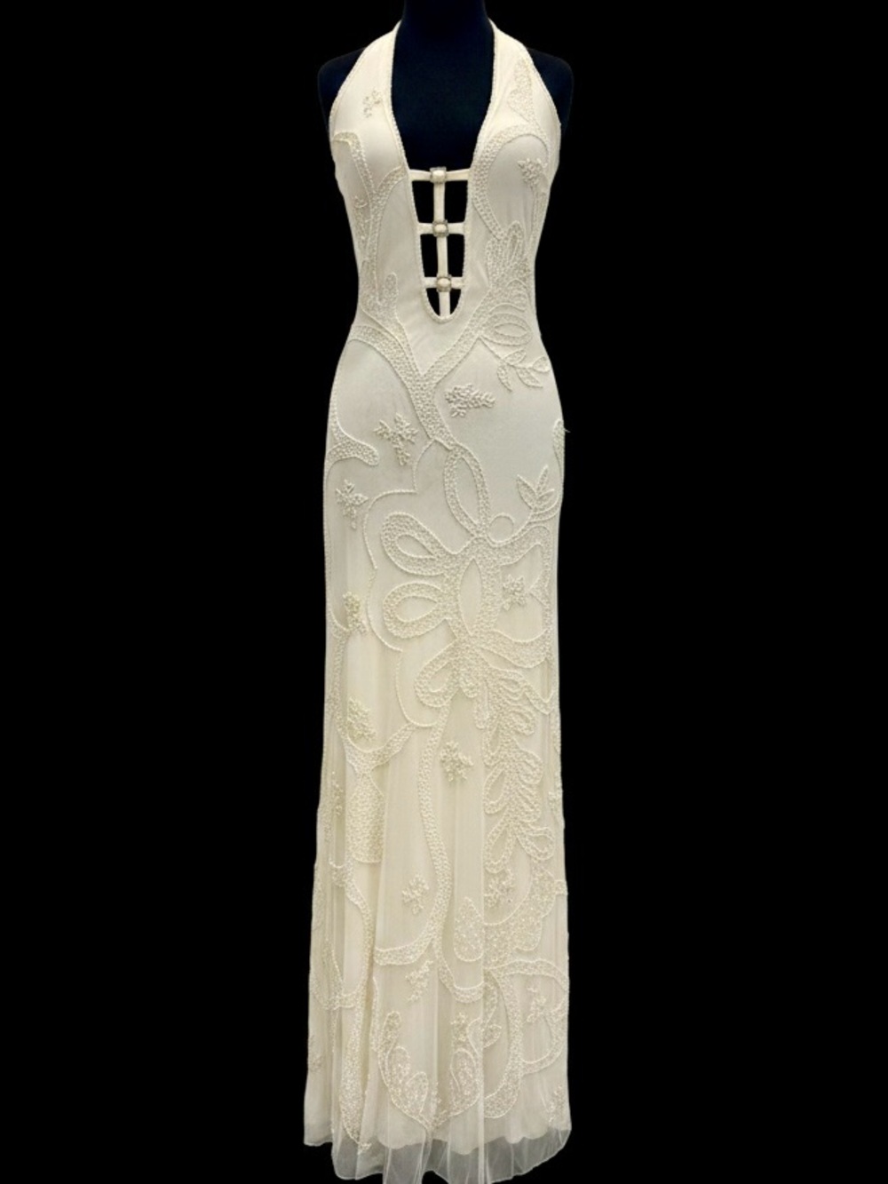 Ivory hand, beaded, rhinestone trim Halter Evening Dress Attitudes by Debra